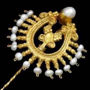 Large Vintage Sterling Vermeil Pearl Etruscan Stick Pin